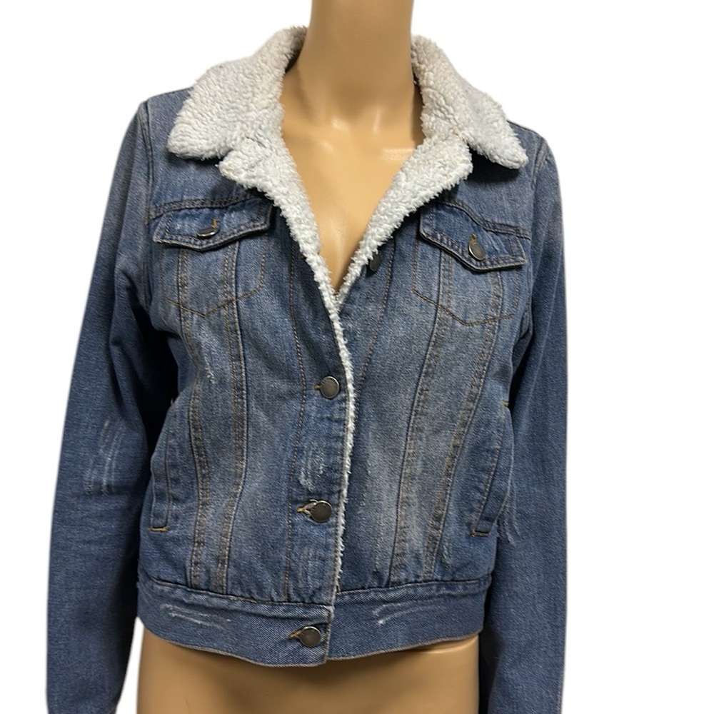 Ashley Vintage Charm Denim Sherpa Lined Distressed Blue Jean Jacket Womens M